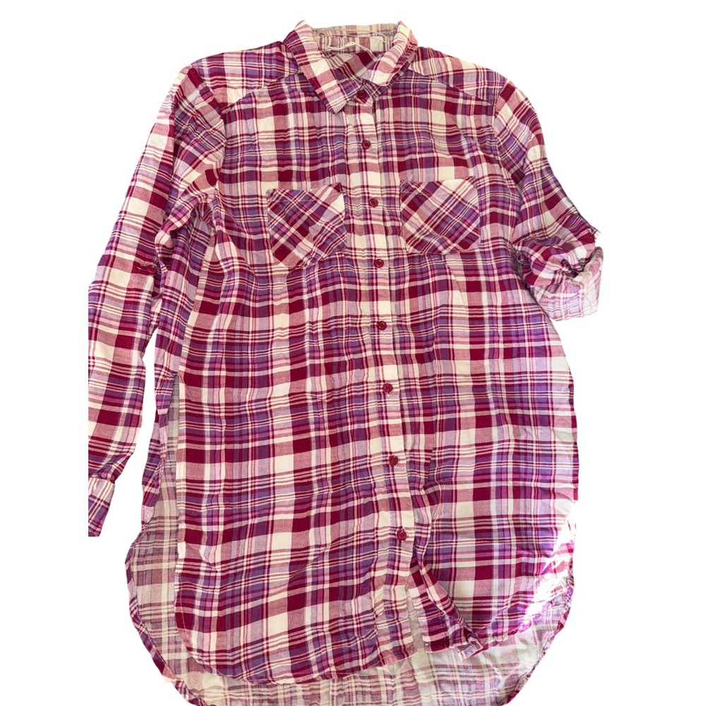 ENTRO Women's Size Small Button Up Tunic Pink Plaid Top